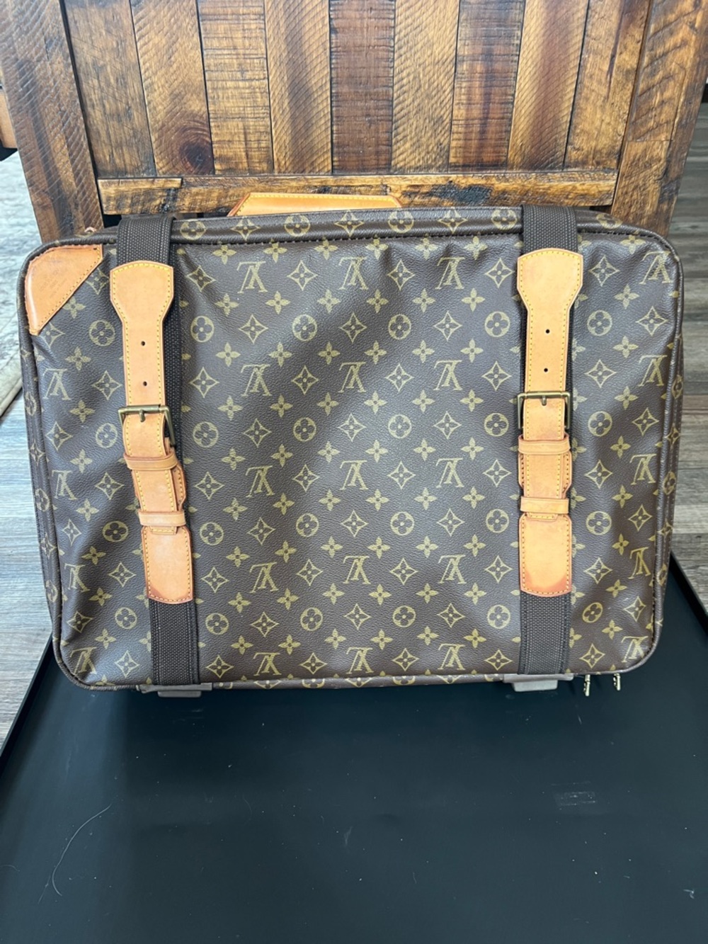 Louis Vuitton Monogram Canvas Suitcase with Tan Leather Straps 20wx 14x 6